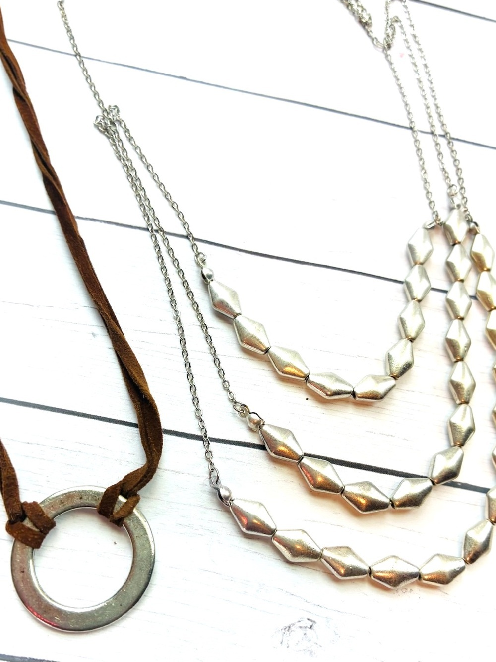 NWT American Eagle Outfitters Brown Suede Silver Multi-Strand Long Necklace Lot - Picture 2 of 5